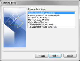 Export to a file > Create a file of type dialog box Export to a file > Create a file of type dialog box