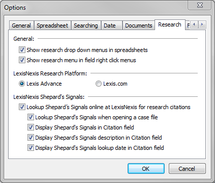 Options dialog box > Research tab Options dialog box > Research tab
