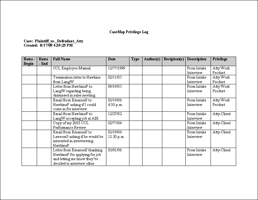 Privilege Log Template