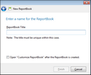 New ReportBook Wizard > Name ReportBook and Finish New ReportBook Wizard > Name ReportBook and Finish