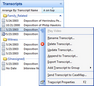 Transcripts pane > right-click submenu