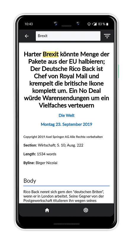 Results are displayed in full text in the Nexis News Search App