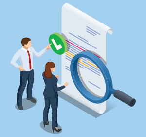 Business professionals reviewing compliance documents with magnifying glass