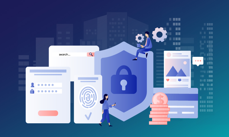 Illustration of data privacy and cybersecurity elements like a padlock, fingerprint scan, login form, and financial icons.