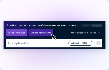 Protege is prompting the user to Ask a question or use of of these tasks on their document with the options to ask what's missing or what's redundant. The user can also type in their own question, select their relevant jurisdiction, or click on more