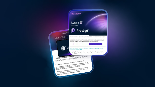 Lexis+ AI Insider Program graphic with overlapping Lexis+ AI and Protégé app screens, highlighting AI-powered legal research tools.