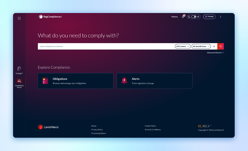 Regulatory Compliance AU search page for finding compliance obligations.