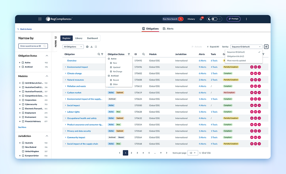 Regulatory Compliance AU task list with risk ratings and status indicators.