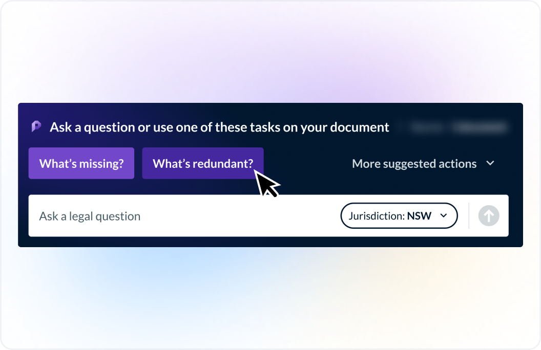 Protege is prompting the user to Ask a question or use of of these tasks on their document with the options to ask what's missing or what's redundant. The user can also type in their own question, select their relevant jurisdiction, or click on more 