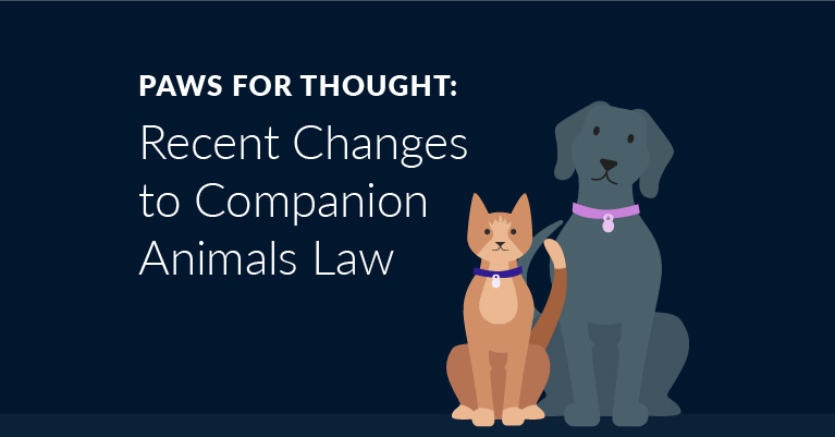 Illustration of a cat and dog with text about recent changes to companion animal law