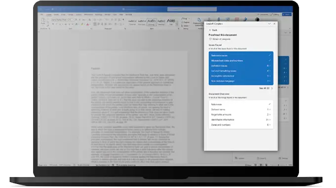 A blurred document is open in Microsoft Word while a pointer selects an option in the right-hand pane of Lexis Create+ to proofread this document. Options appear in a new window to prepare your document, review for accuracy, and finalize the document. The pointer selects the option to prepare the table of authorities under the category of finalizing the document and in the next window, the pointer selects the cases to be added to the table of authorities. The TOA is then automatically added to the open doc.