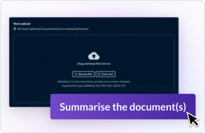 Example of how a user would upload a document and prompt Protege to summarize the document or multiple documents