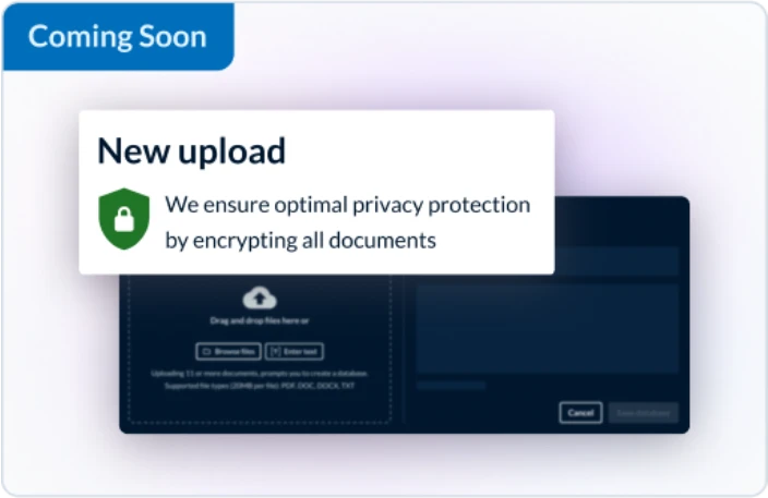 A security badge with a lock saying we ensure optimal privacy protection by encrypting all documents. Also shows the functionality of uploading a new document and saving it to the vault.