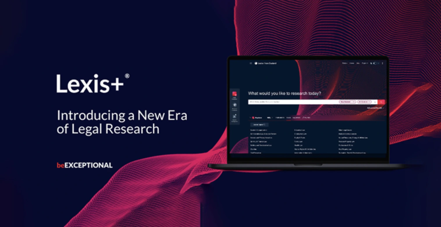 A laptop with Lexis+ New Zealand product interface on the screen. Text reading Lexis+, introducing a new era of Legal Research