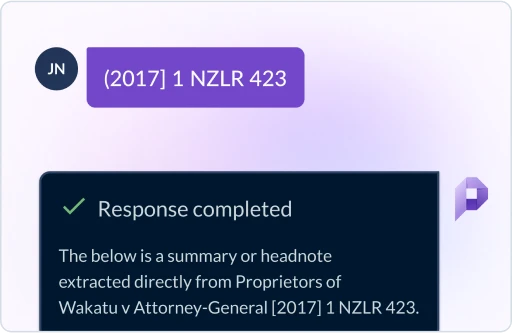 Example prompt for Summarise feature in Lexis+ AI with Protégé. User ask: [2017] 1 NZLR 423. Protégé completes the response and displays: The below is a summary or headnote extracted directly from Proprietors of Wakatu v Attorney-General [2017] 1 NZLR 423.