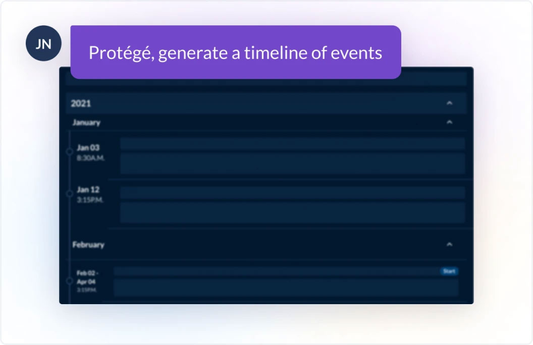 Animation showing an email that prompts the user to tell Protégé: Search my firm’s documents for pharmaceutical Merger 1 agreements with a purchase price of one hundred million dollars. Protégé then lists the results within the same environment 