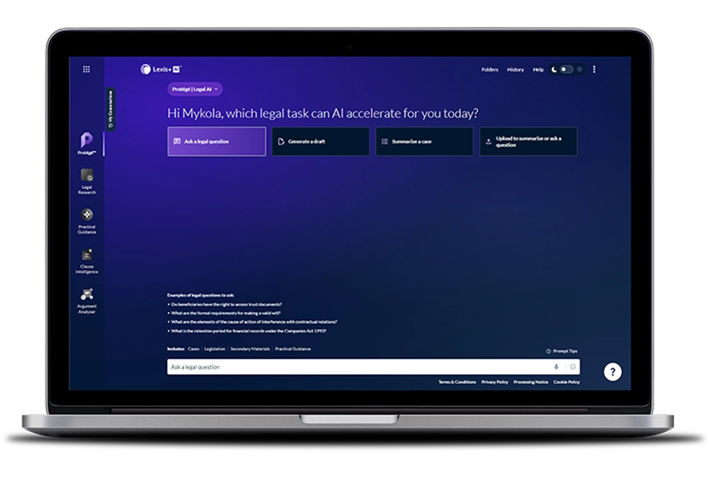 A laptop with Lexis+ AI with Protégé interface