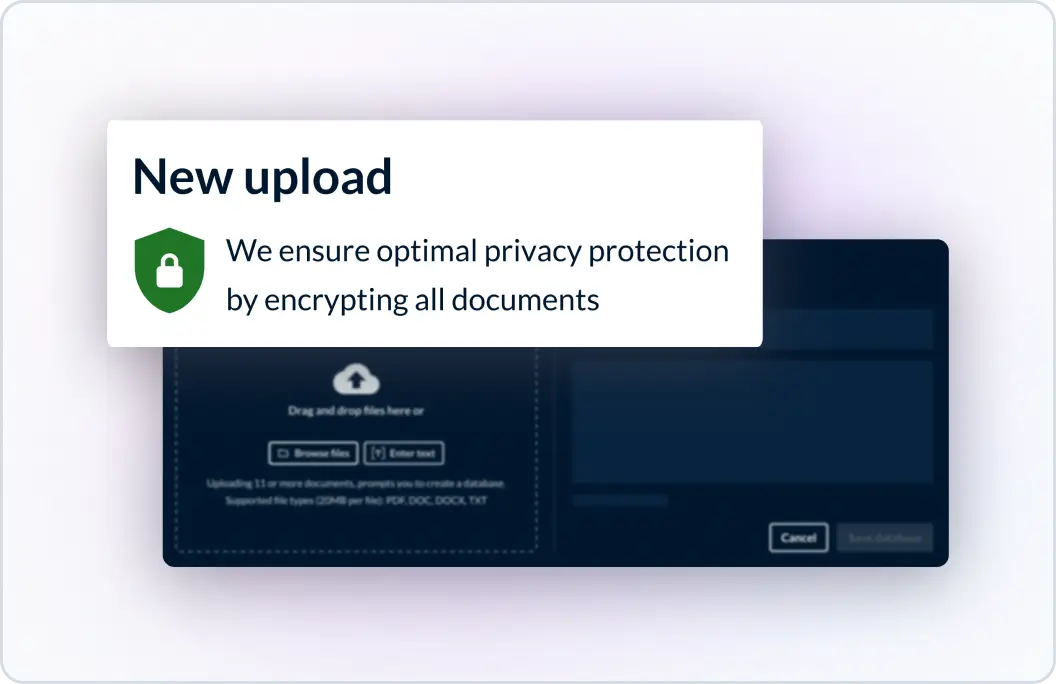 A security badge with a lock saying we ensure optimal privacy protection by encrypting all documents. Also shows the functionality of uploading a new document and saving it to the vault.
