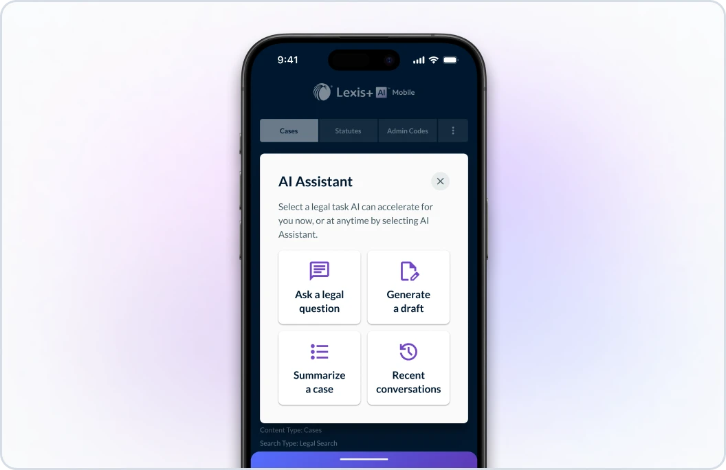 画面とテキスト上のAIアシスタントとスマートフォンは、AIがあなたのために今、またはAIアシスタントを選択することにより、いつでも加速することができます法的なタスクを選択します。その後、法的な質問をするためのオプションを持つ4つのボタンがあり、ドラフトを生成します。