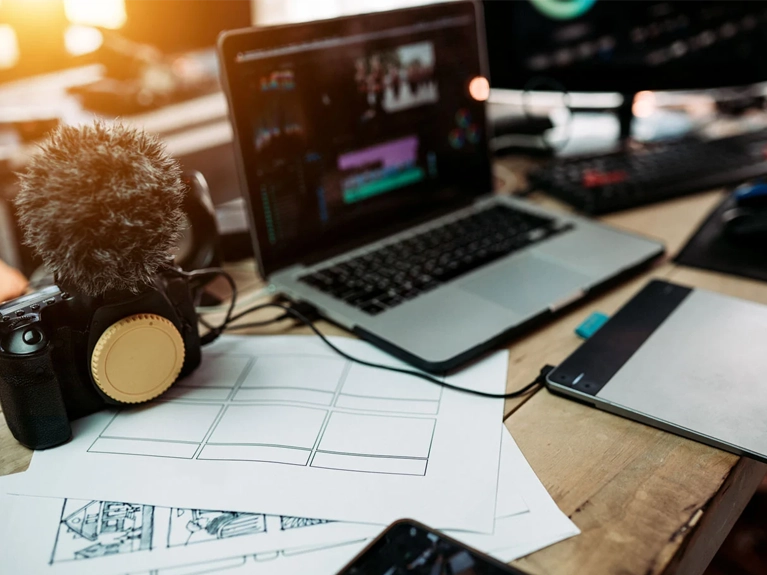 Production equipment including monitor, laptop, camera and microphone 