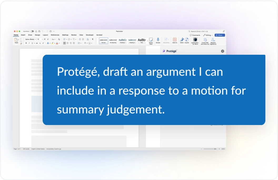 Microsoft Word 프롬프트 예시: 약식 판결 신청 답변이 포함된 Motion의 초안을 작성해 줘