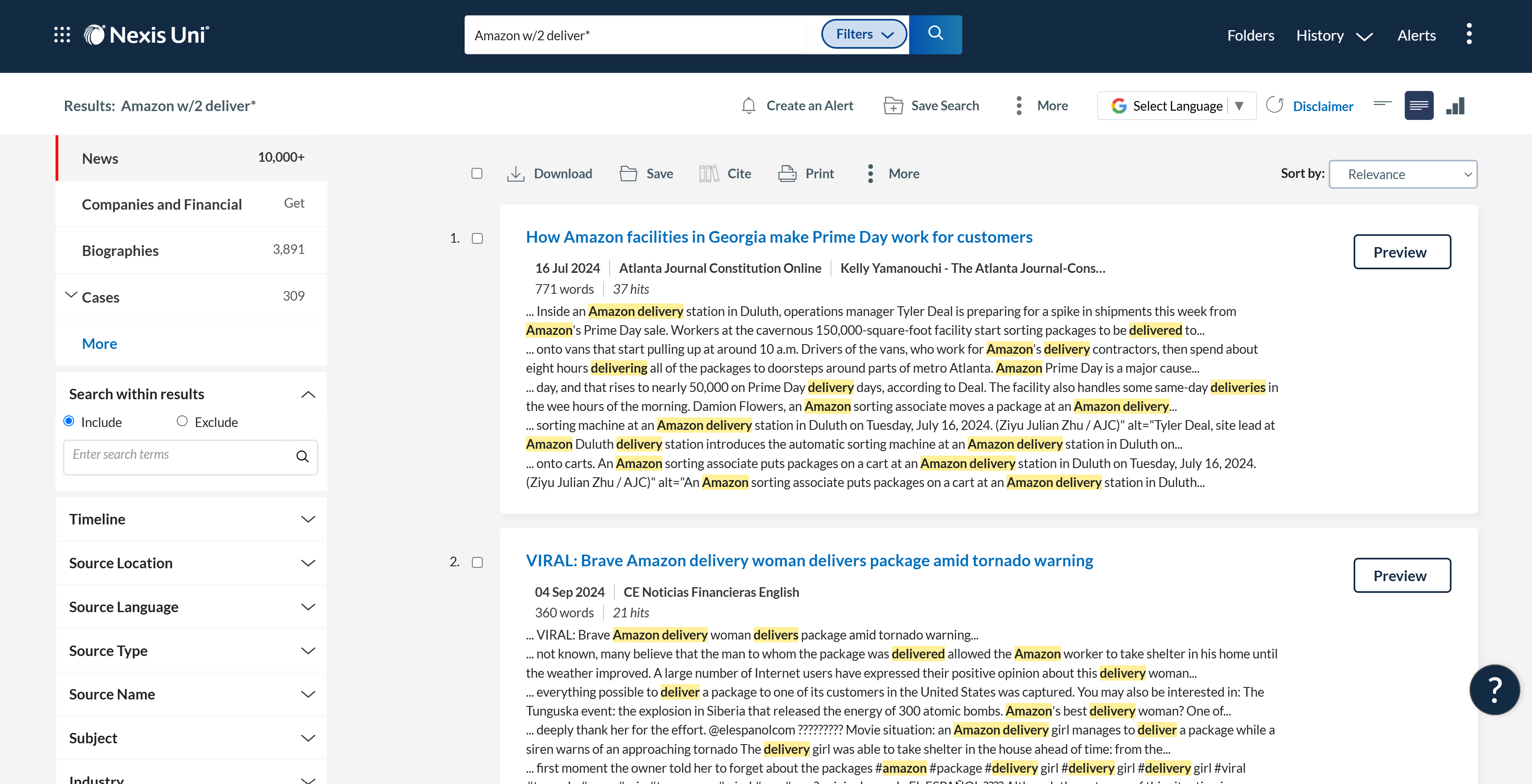 Ejemplo de la funci&oacute;n de b&uacute;squeda de Nexis Uni mostrando resultados y opciones de filtrado.