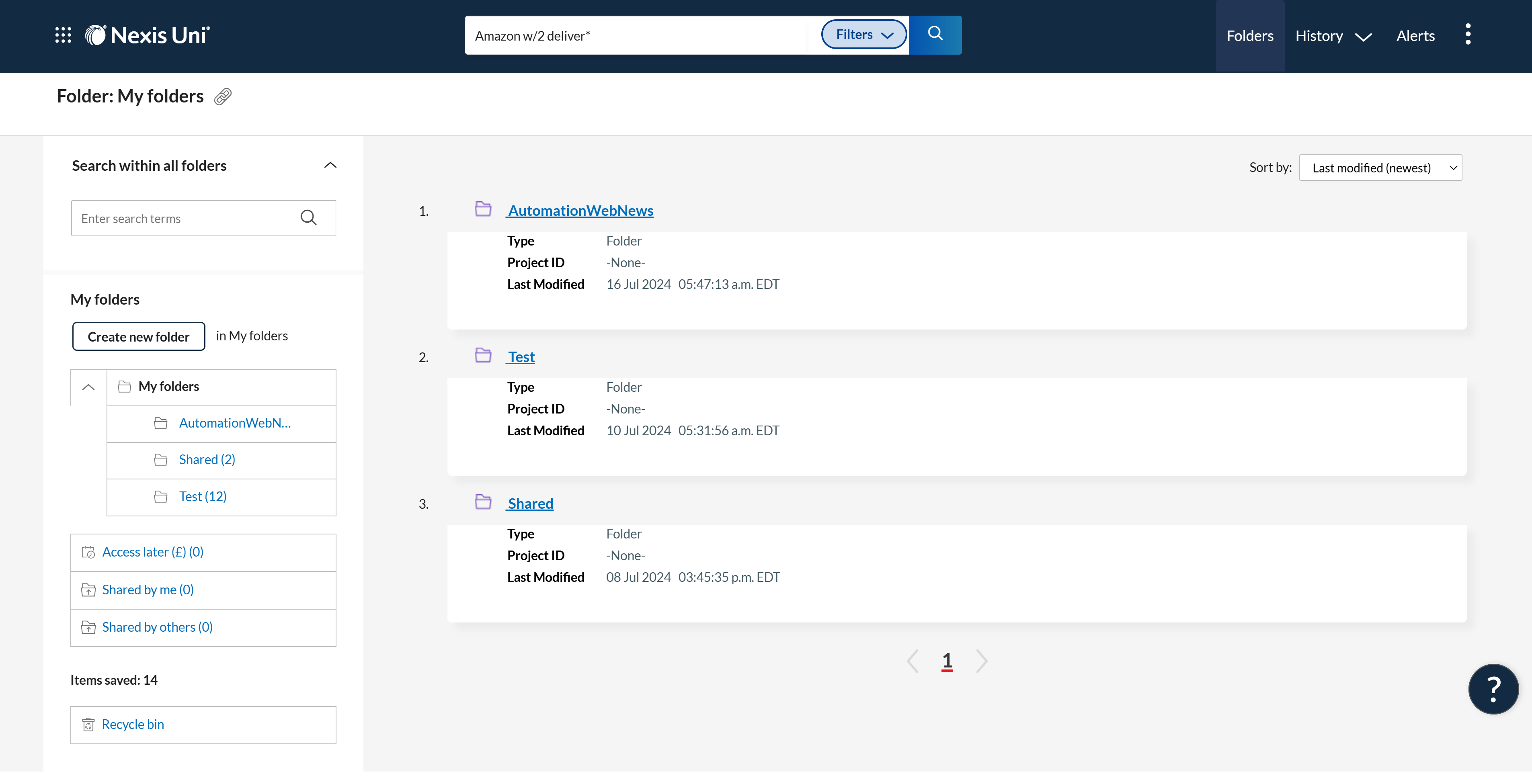 Vista previa de Nexis Uni que muestra su interfaz f&aacute;cil de usar y la opci&oacute;n de organizar datos en carpetas.