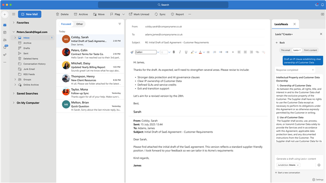 screenshot of the drafting with Lexis Create+ for outlook