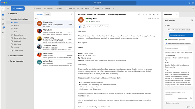 screenshot of the Lexis Create+ for Outlook