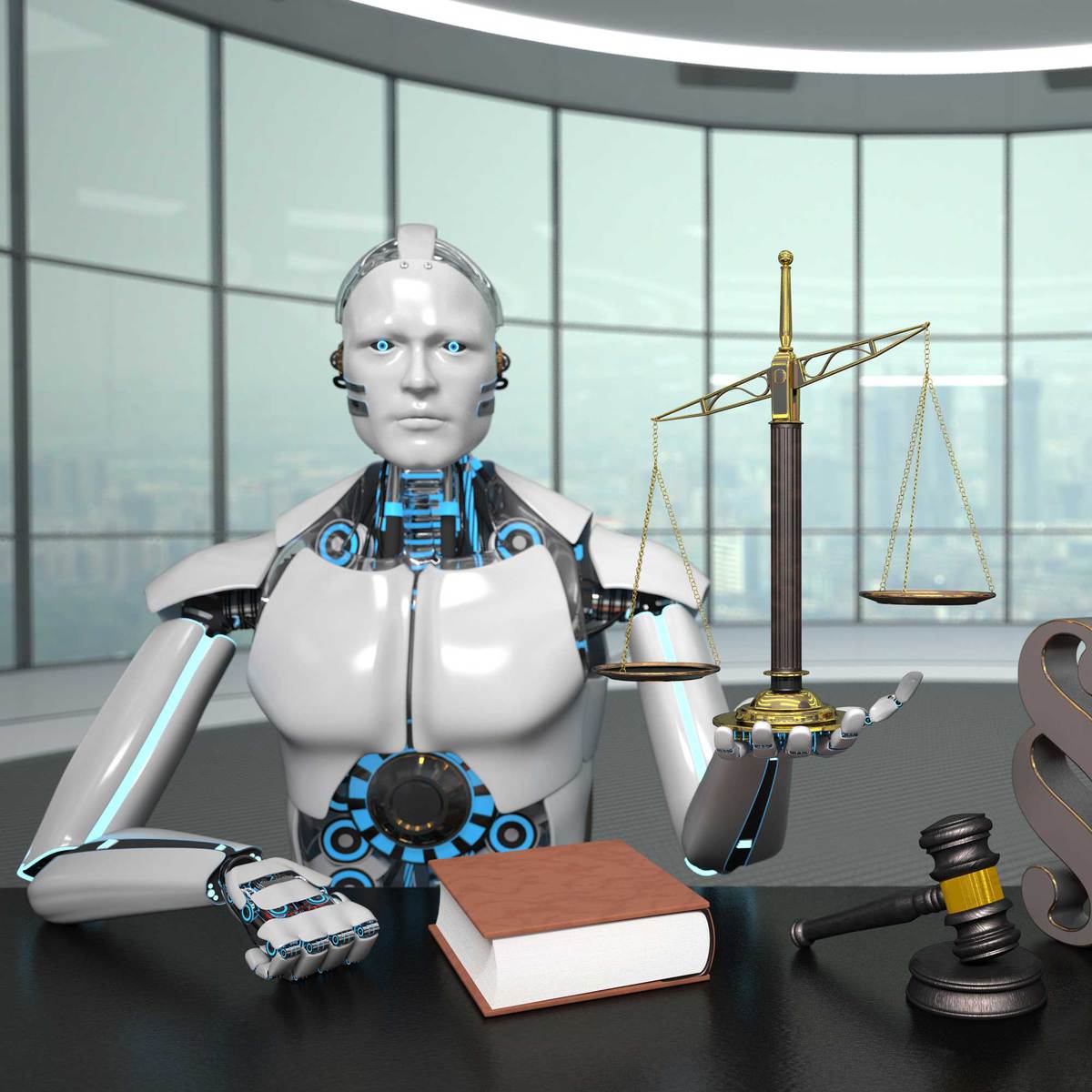 a robot with artificial intelligence sits at a lawyer's desk holding the scales of justice
