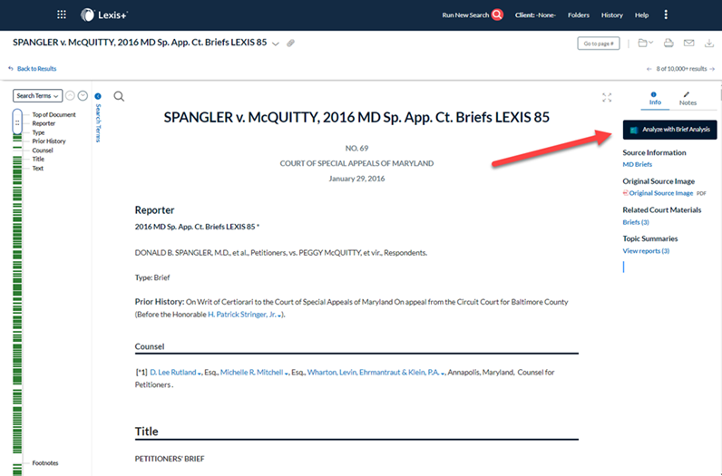 New 'Analyze With Brief Analysis' Button in Documents on Lexis+®