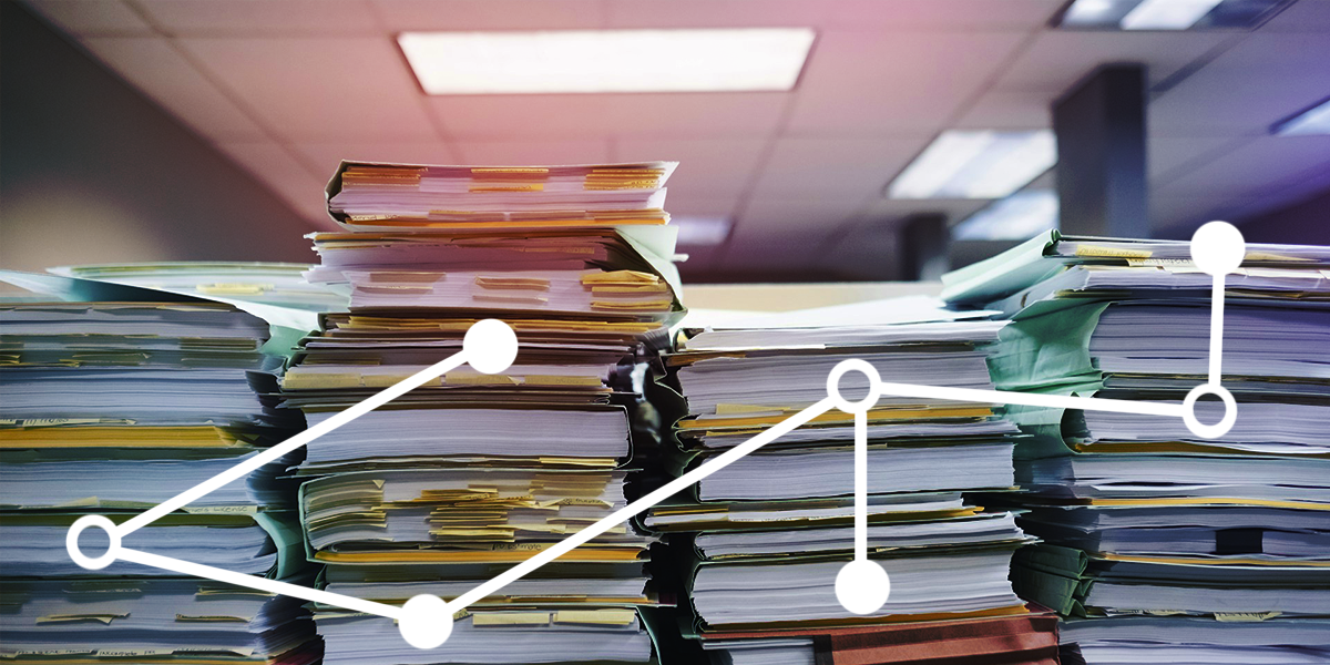 A stack of paper files and folders with a graphical overlay to illustrate analyzing connections between the files