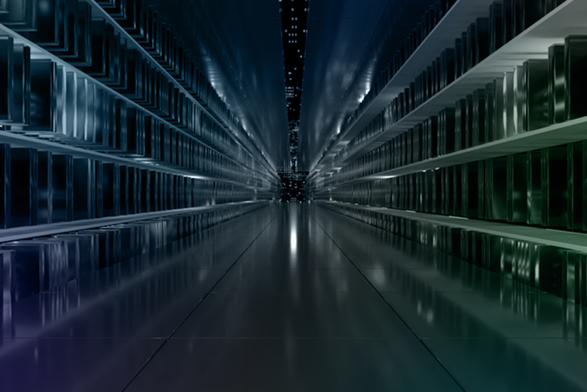 A computer generated image of a long row of shelves with glowing crystal blocks on them, similar to bookshelves in a library