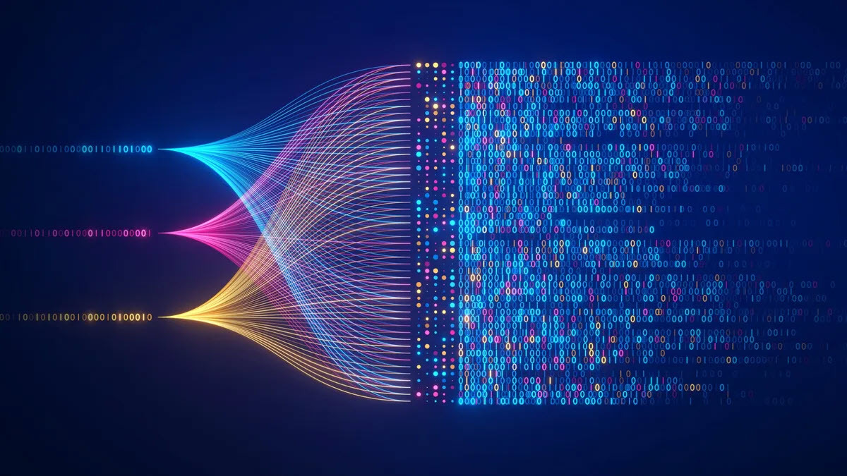 A graphic depicting a neural network, with three rows of colorful 1s and 0s mixing together