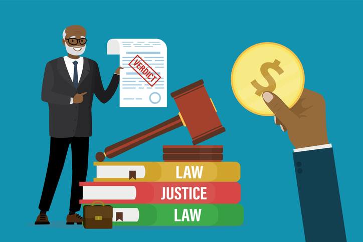 a cartoon attorney holds a legal document next to legal books with a gavel while a cartoon hand holds up a coin tying the idea of ROI and legal together