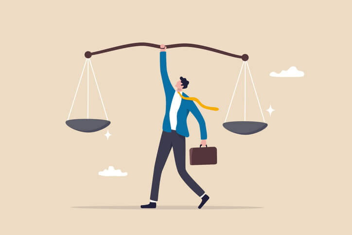 attorney carries balancing scales above his head, signifying the decision making process of choosing lexis vs. lexis+