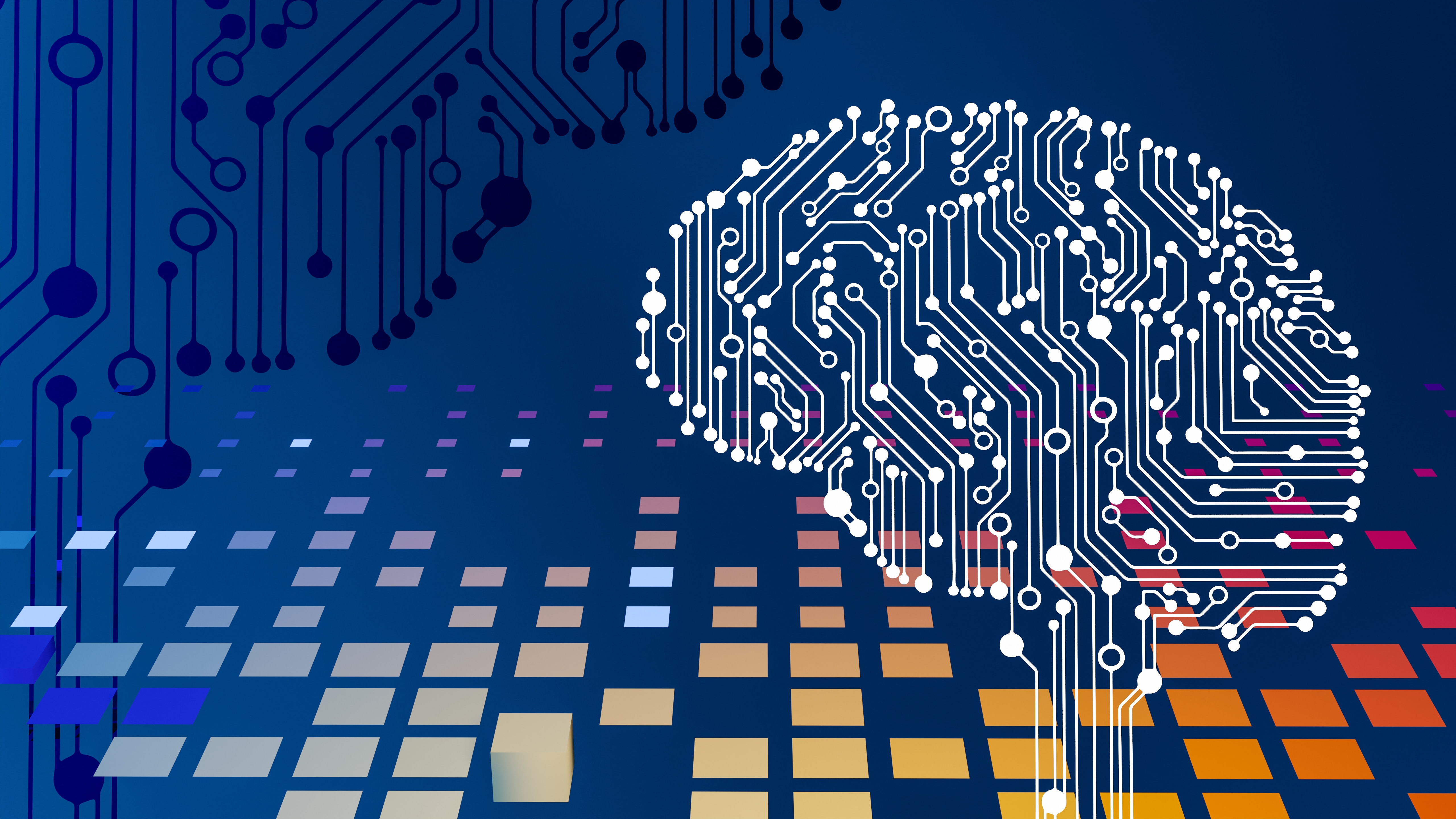 A graphic of a brain made up of lines and dots to represent artificial intelligence, hovering over a blue background with a grid of orange floating squares