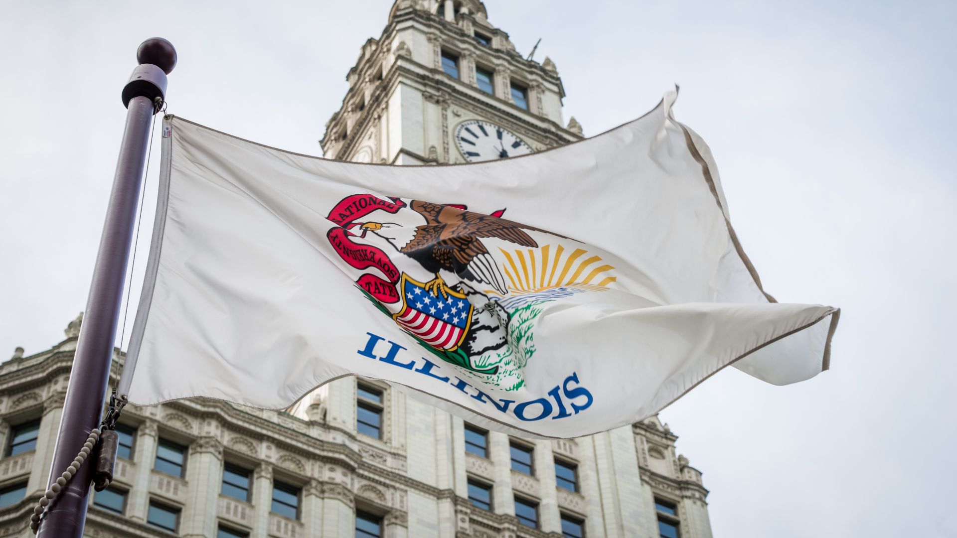 Illinois state flag in front of building