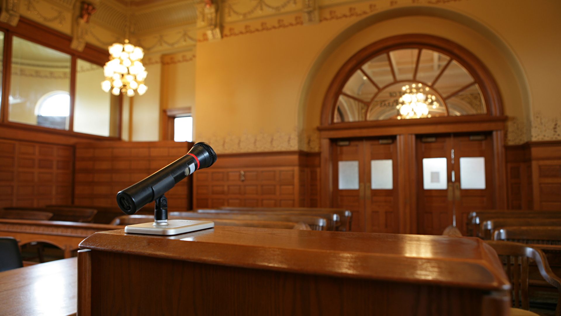 Empty courtroom witness stand