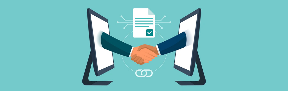 illustration of two hands shaking through two computer screens