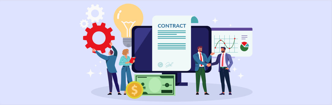 legal contract lifecycle management software buying tips with cartoon characters 