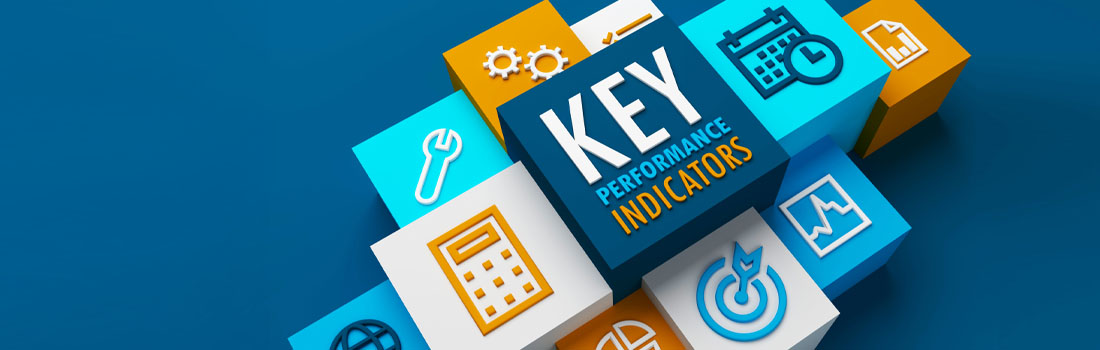Managing external counsel metrics depicted in a stack of KPIs in light blue, gold, white