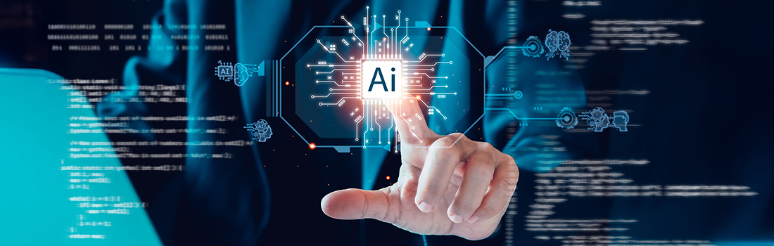 Lawyer in suit pointing finger at AI in a virtual projector showing an AI assistant