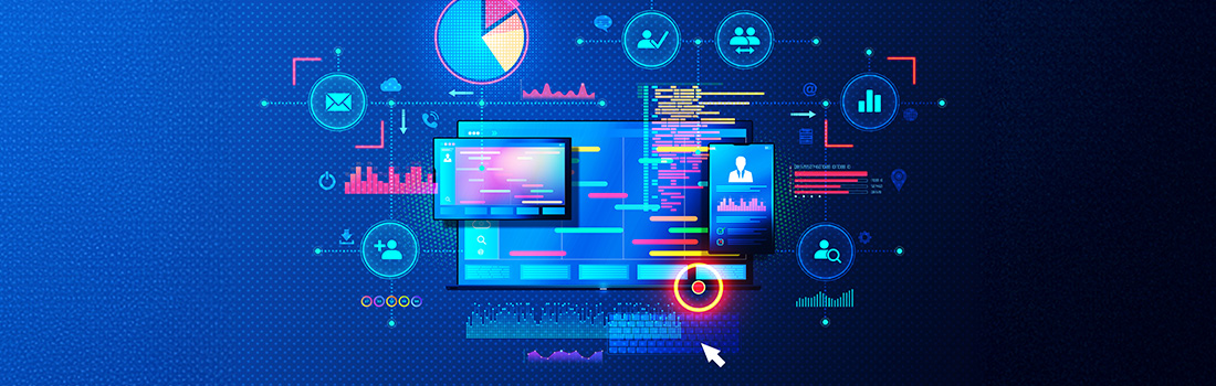 Digital boxes on blue background signifying matter management workflow in legal department