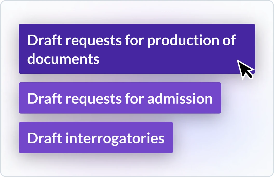 Examples of discovery requests a user might input into Lexis+ AI. First example is draft requests for production of documents. Second example is draft requests for admission. Third example is draft interrogatories.