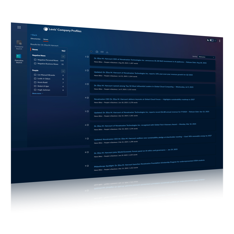 Demonstration of the Nexis platform’s search capabilities, highlighting the ability to search across all content types using a simple quick search or advanced filtering options for precise results.