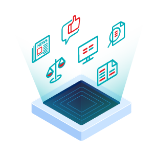 A newspaper, legal scales, a chat bubble with a thumbs-up, and various text data icons to represent a diverse range of data sources
