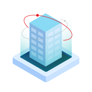 A skyscraper with two rings around it to represent a company being utilized for data