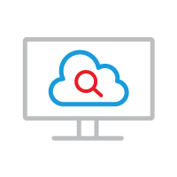 A computer monitor with a magnifying glass over a cloud to represent searching and retrieving datasets