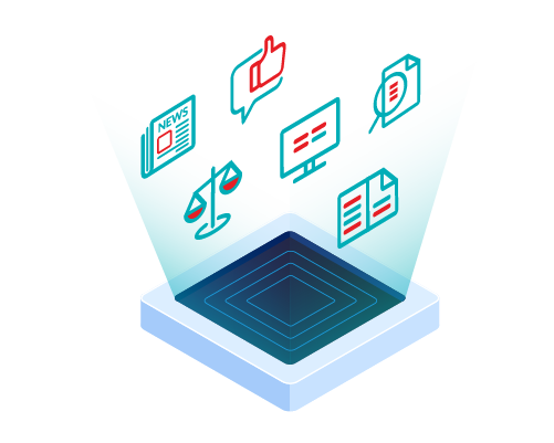 An icon of different data types including news data, legal data, social data, and corporate data